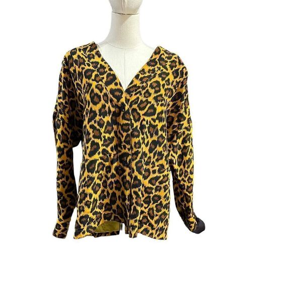 Womens Adam Douglass Silk Sz Large Animal Cheetah Brown Gold Black Button Jacket - Picture 3 of 9
